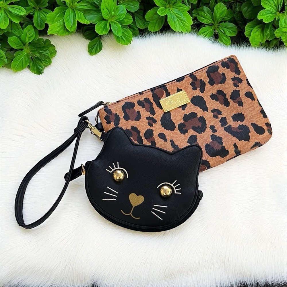BETSEY JOHNSON Leopard Make-up‎ Bag Pouch Black Cat Meow Wallet